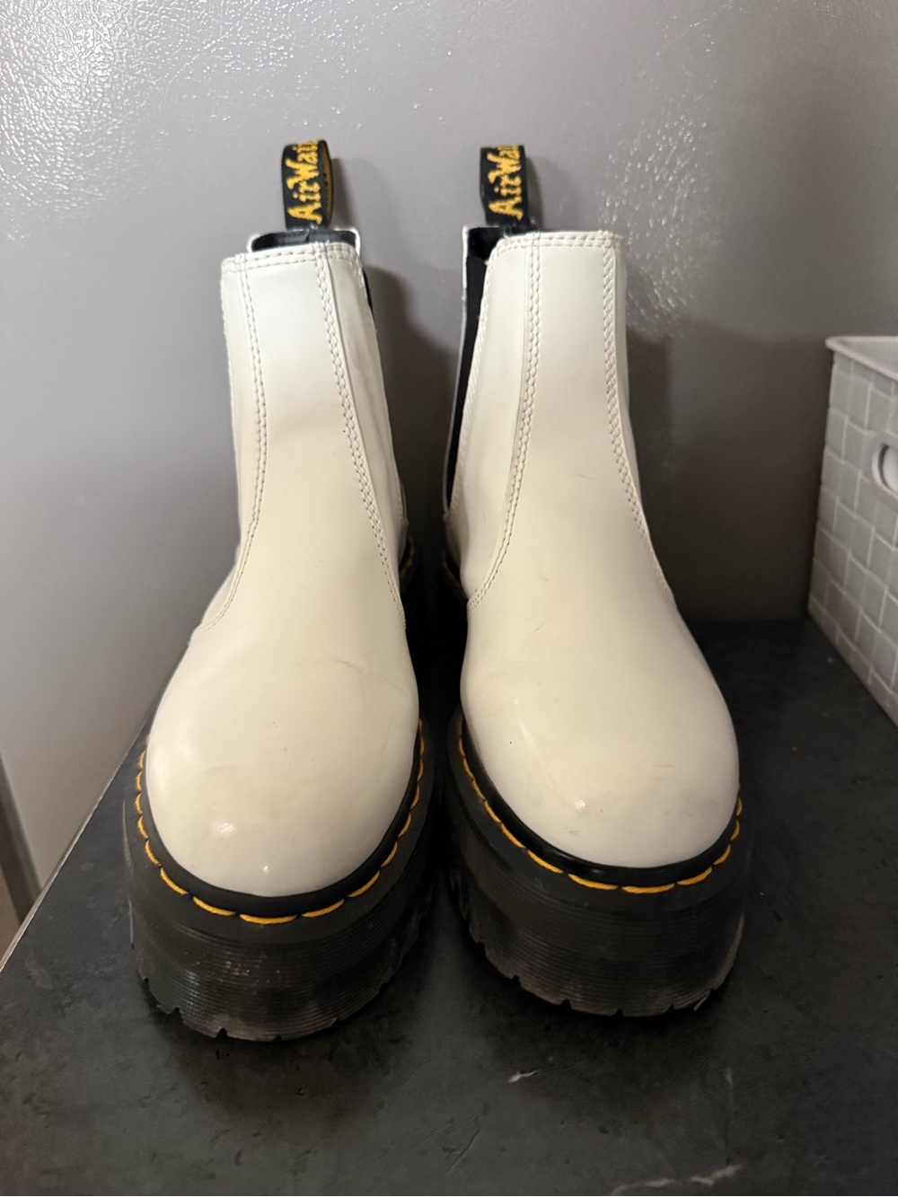 Dr. Martens White Platform Chelsea Boots with Yellow Stitching